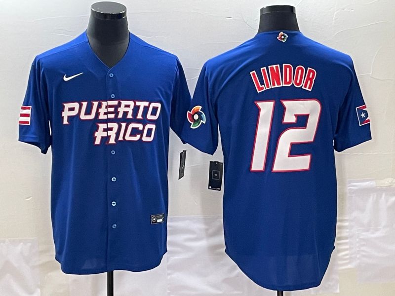 Men 2023 World Cub Puerto Rico #12 Lindor Blue Nike MLB Jersey7->more jerseys->MLB Jersey